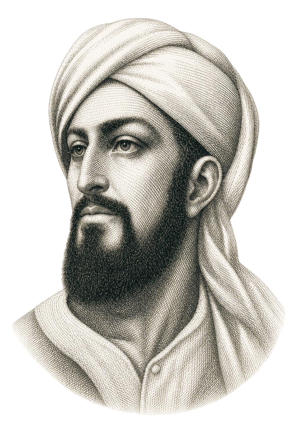 Engraved portrait of Ismail al-Jazari, namesake of Scribe Clock
