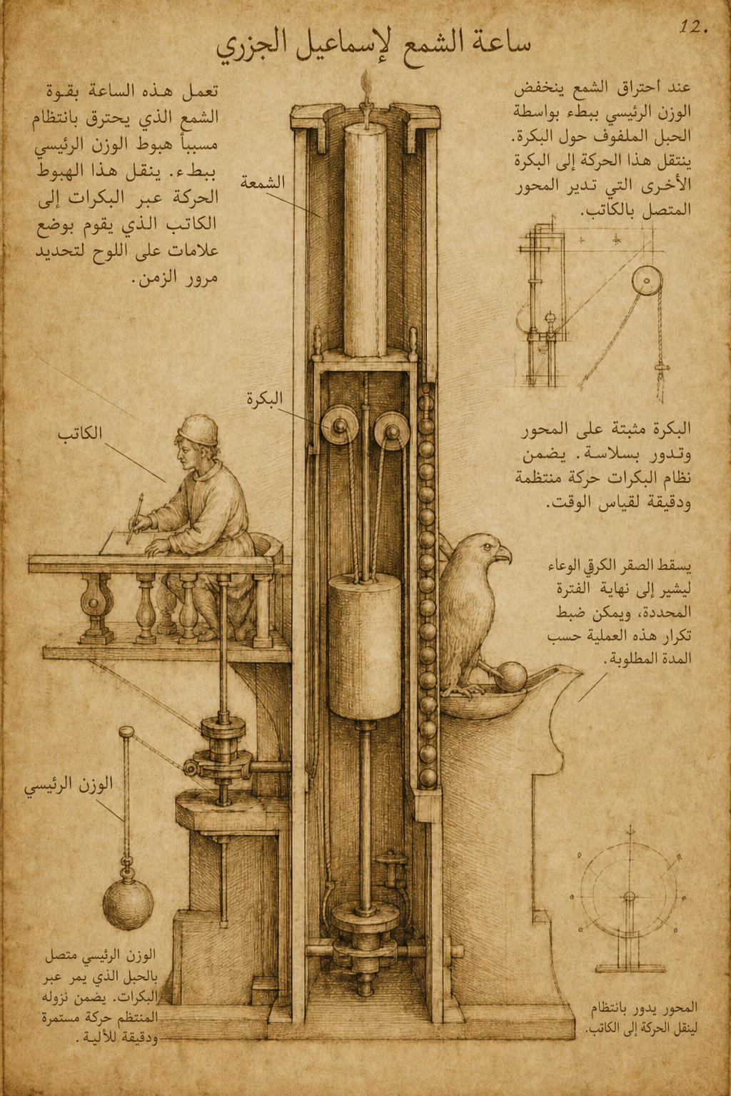 Technical drawing of Ismail al-Jazari's candle clock with scribe, falcon, and pulley mechanism, labeled in Arabic