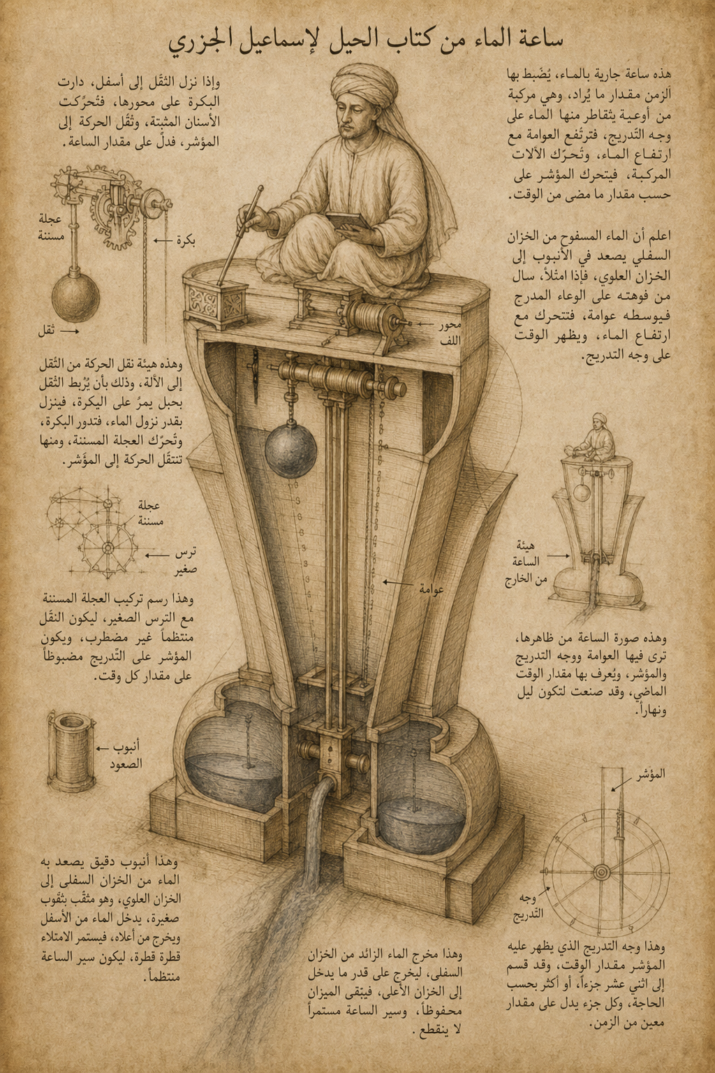 Technical drawing inspired by Ismail al-Jazari's manuscript illustration of a water clock automaton with Arabic text