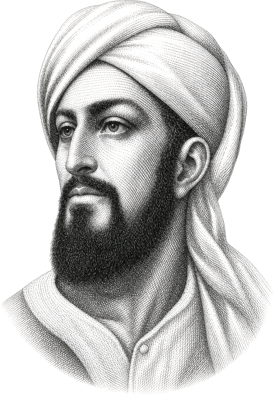 Ismail al-Jazari engraved portrait with transparent background, intaglio line art in the style of a dollar bill