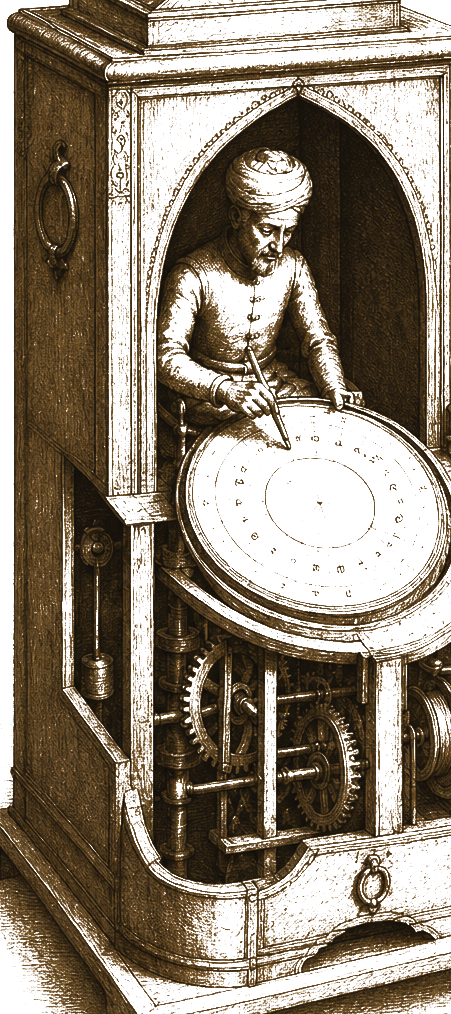 Isolated transparent illustration of Ismail al-Jazari scribe automaton mechanism