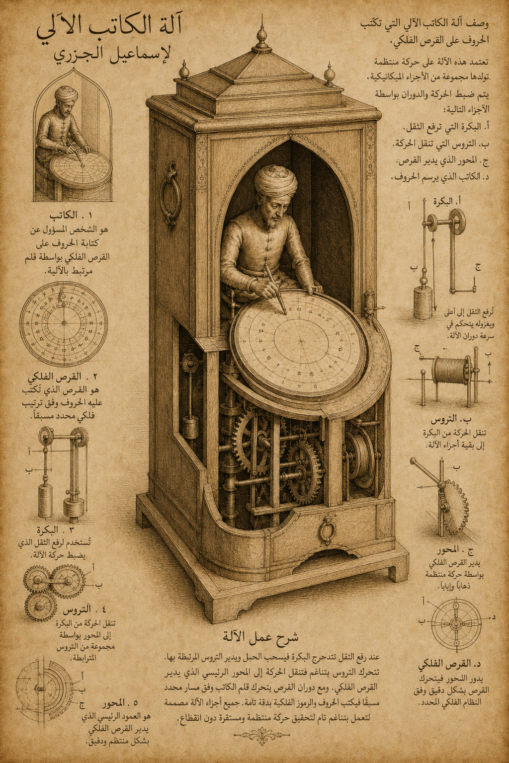 Technical drawing of Ismail al-Jazari's mechanical scribe automaton with Arabic annotations on aged parchment