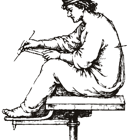 Transparent illustration of seated scribe figure from al-Jazari water clock