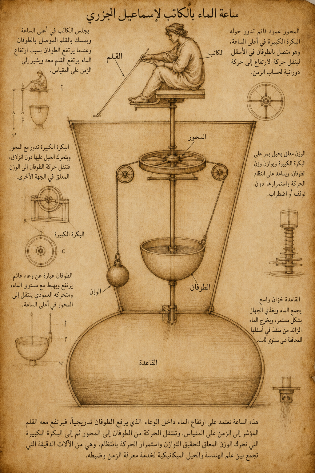 Technical drawing of Ismail al-Jazari's water clock with seated scribe figure and pulley system, Arabic labels